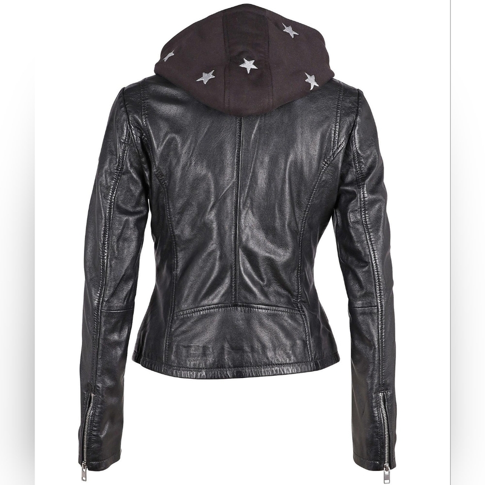 MAURITIUS DUFFI Moto Leather Jacket with Star Hoodie Size EUSmall/ US6 - Picture 2 of 16